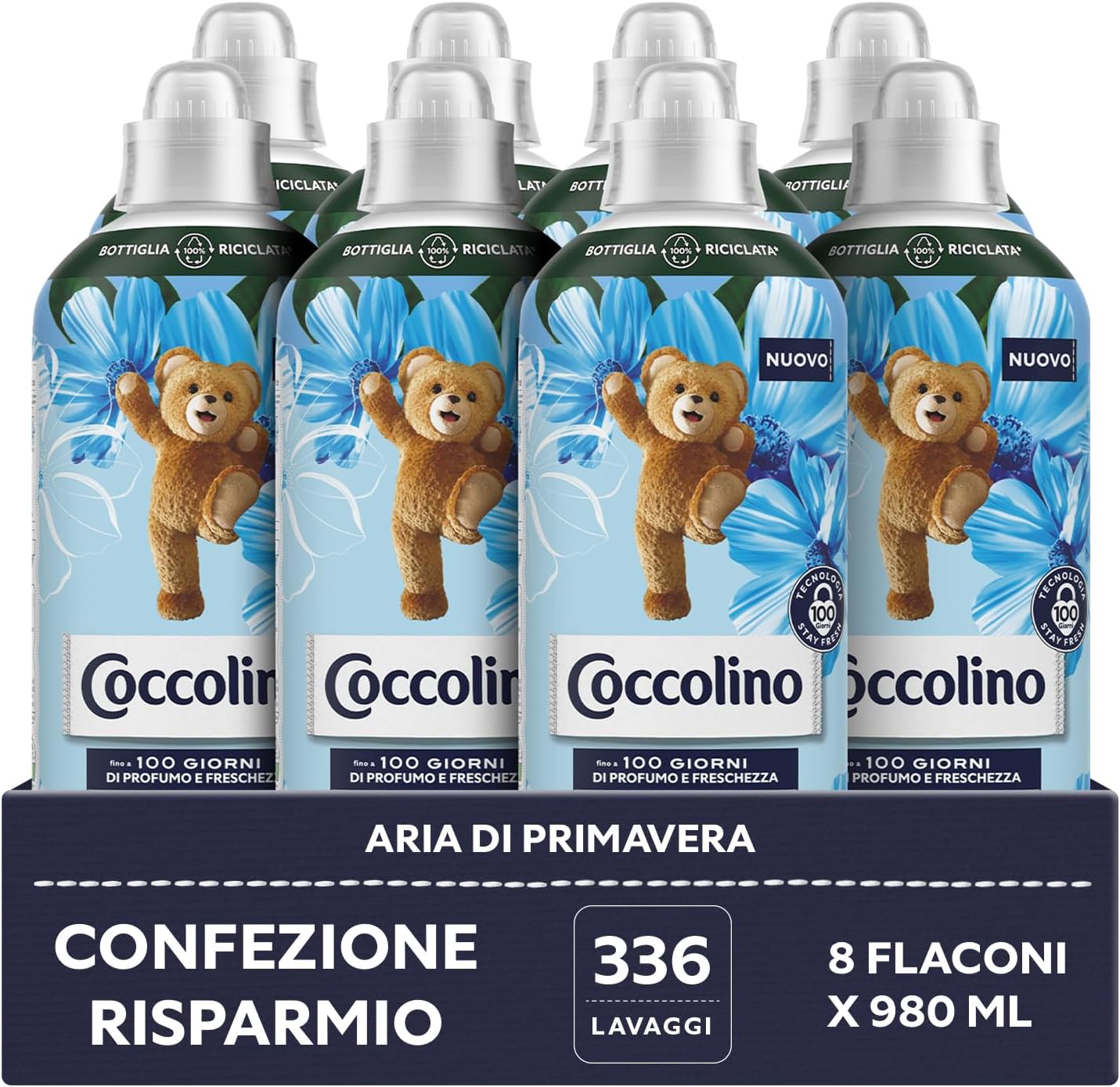 Coccolino Ammorbidente Concentrato Aria di Primavera, Ammorbidente Lavatrice con Tecnologia Stay Fresh, con Note Fruttate, Rosa, e Sandalo, Formato Fino a 336 Lavaggi, 8 Pezzi da 980 ml